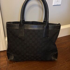 Authentic GUCCI Black GG Nylon Monogram Leather Abbey Medium Tote Bag